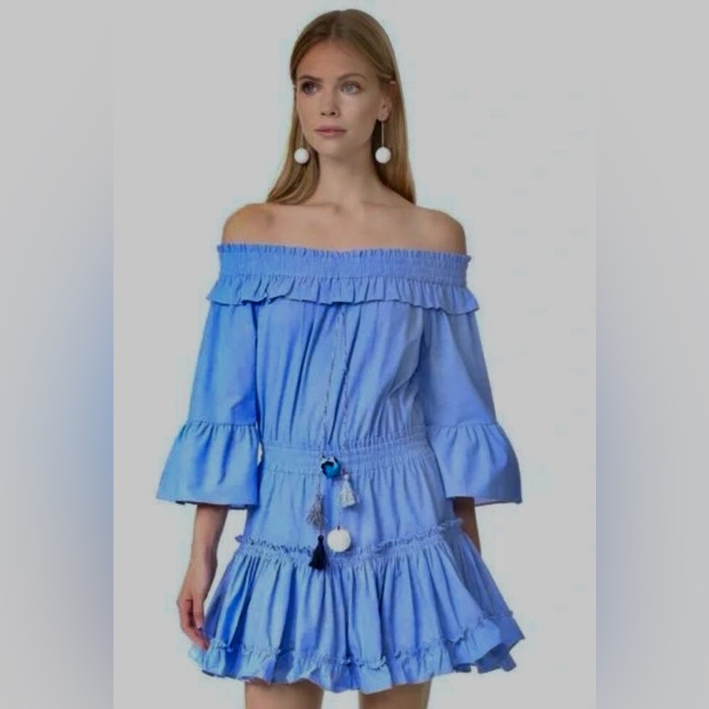 Misa Los Angeles Mini Dress Tiered chambray Cotton Ruffles in Blue Size XS